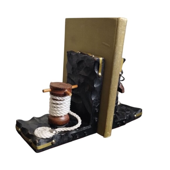 Vintage Nautical Wood Maritime Carved Black Bookends 2PC - Picture 3 of 8